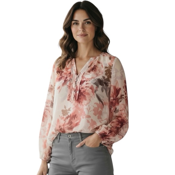 WHITE HOUSE BLACK MARKET Floral Semi-Sheer Long Sleeve V-Neck Blouse Size 14 - Picture 2 of 5